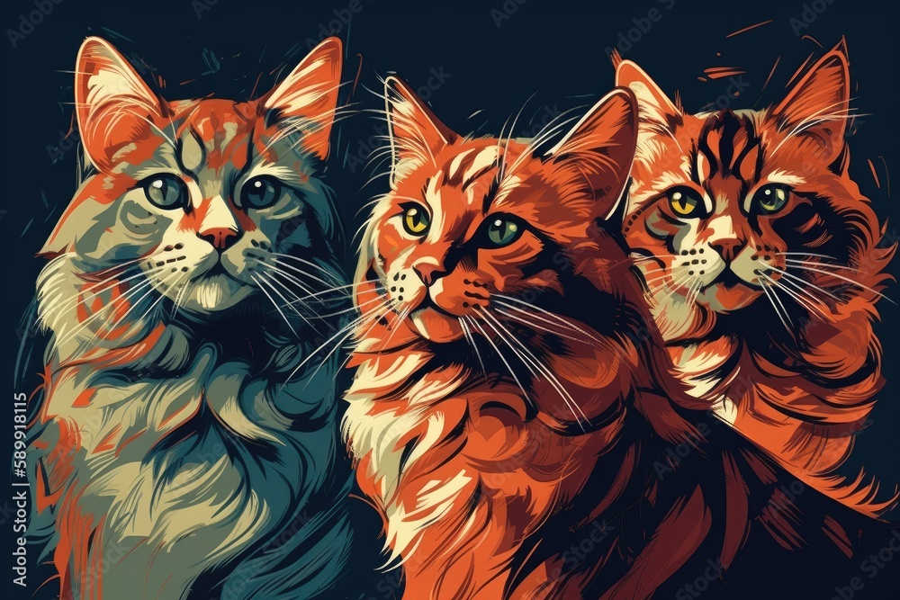 Obraz premium three felines sitting together in a row. Generative AI