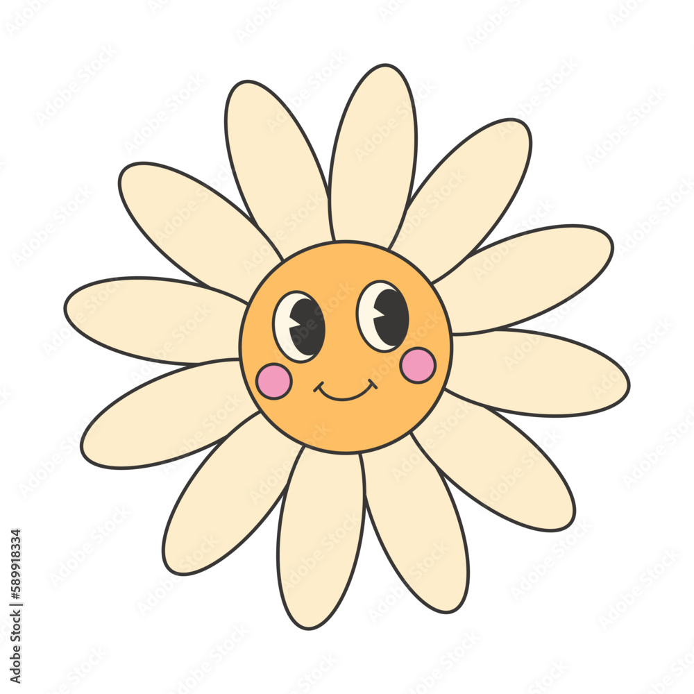 Retro groovy hippie 70s sticker. Cute smiley flower character sticker in trendy retro psychedelic cartoon style. Retro groovy hippie 70s sticker. Cute smiley flower character sticker in trendy retro psychedelic cartoon style.