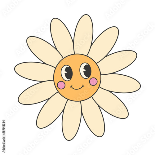 Retro groovy hippie 70s sticker. Cute smiley flower character sticker in trendy retro psychedelic cartoon style.