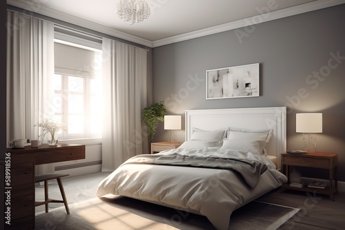3d render Nordic style bedroom | Luxurious bedroom in a neoclassical style | Master bedroom interior in luxury apartment | Modern bedroom interior with concrete walls, Generative AI © interior