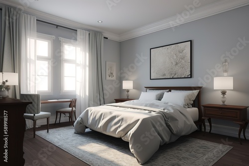 3d render Nordic style bedroom   Luxurious bedroom in a neoclassical style   Master bedroom interior in luxury apartment   Modern bedroom interior with concrete walls, Generative AI © interior