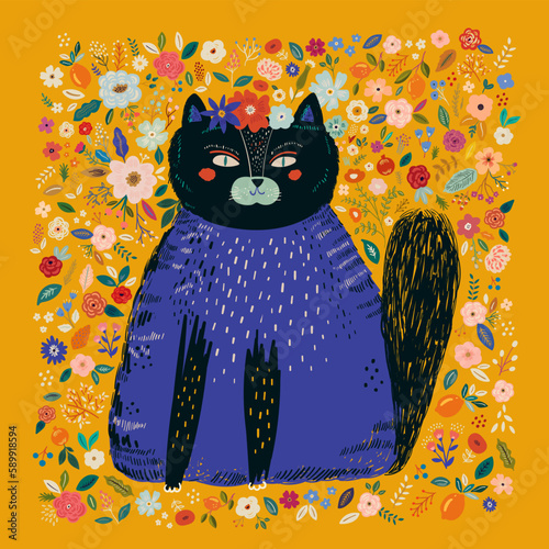 Vector illustration with a cute cat in blooming flowers.