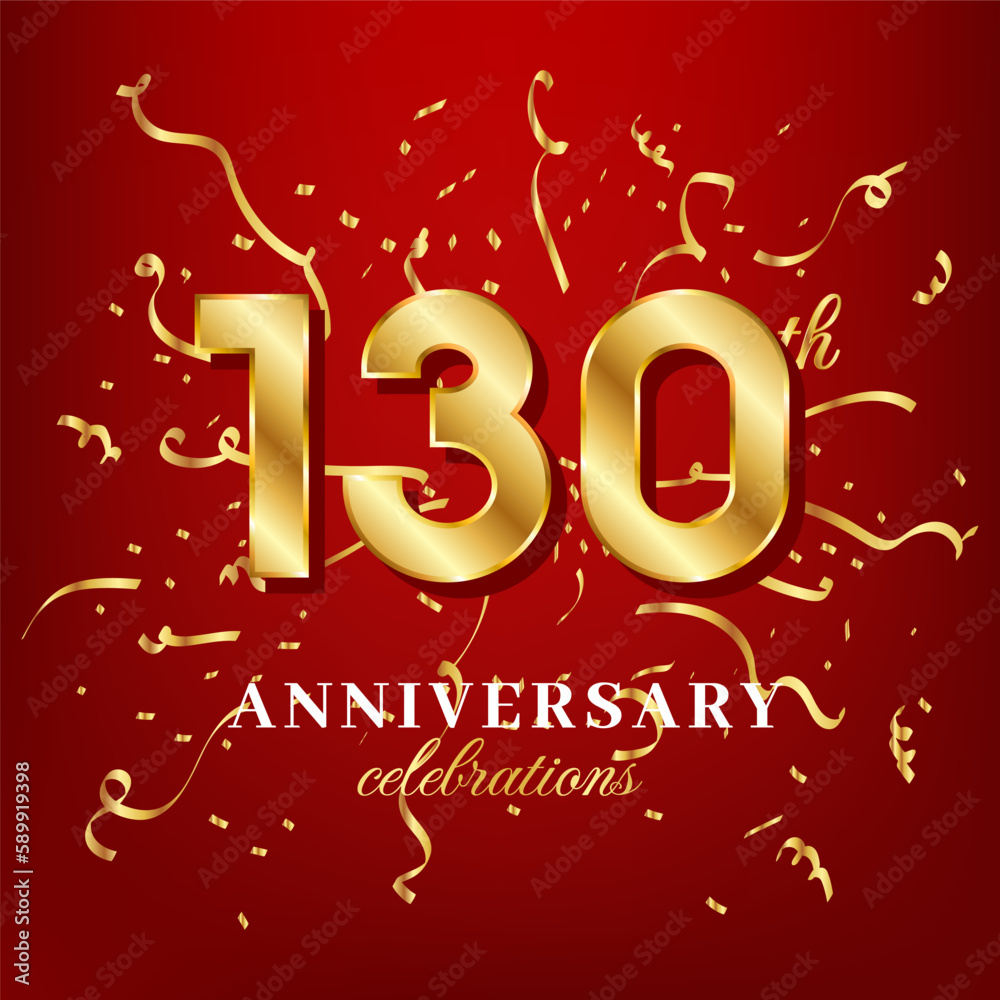 130 golden numbers and anniversary celebrating text with golden confetti spread on a red background