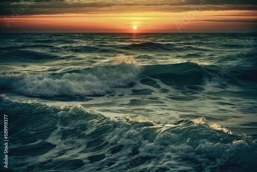 beautiful sunset over the ocean waves. Generative AI