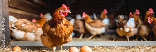 chickens lay eggs in a chicken coop on a farm. Neural network AI generated