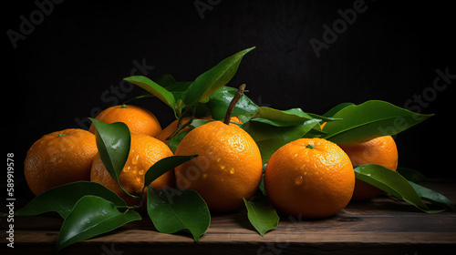 fresh orange fruits with leaves on a wooden table. generative ai