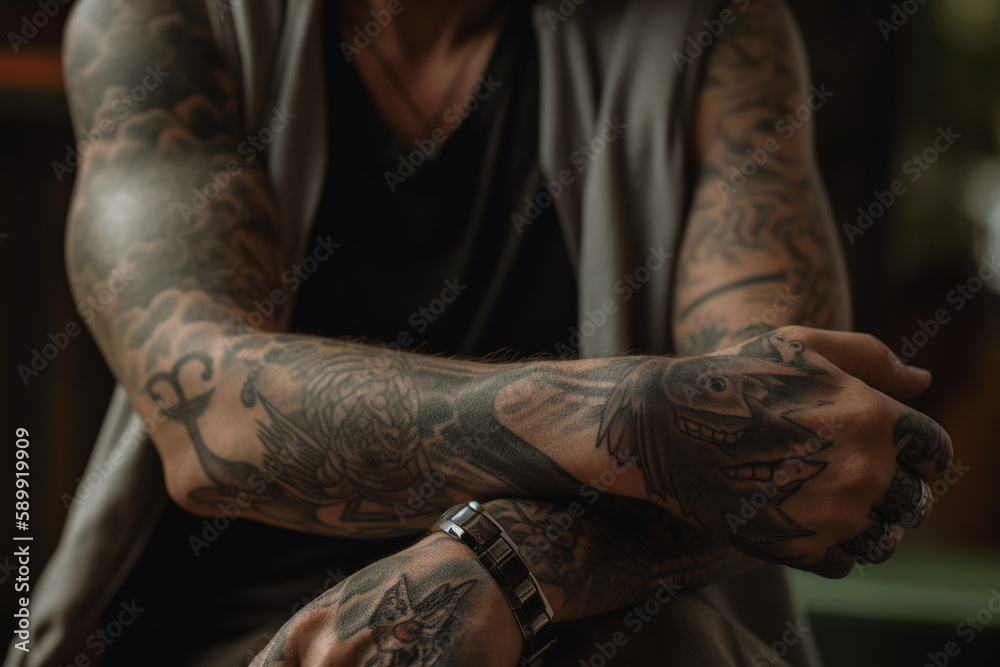 Dark closeup scene of a man covered in tattoos. Tattoo sleeves on arms. Generative AI