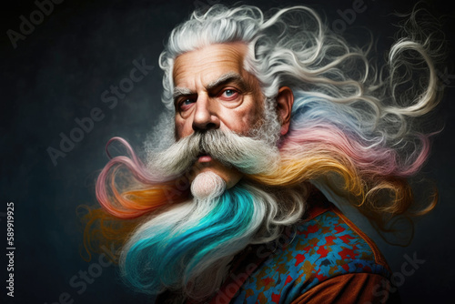 Middle aged man funny portrait with hipster hairstyle and beard. Generative AI.