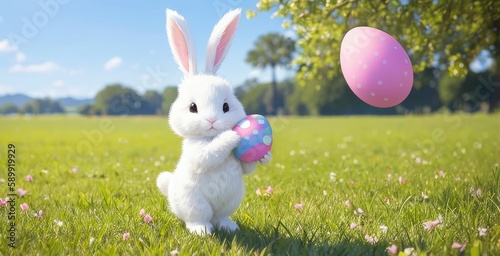 Cute Bunny with Easter Eggs in a field of grass, Good Weather, Landscape. Generative AI