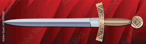 blade with a gold handle on a red background