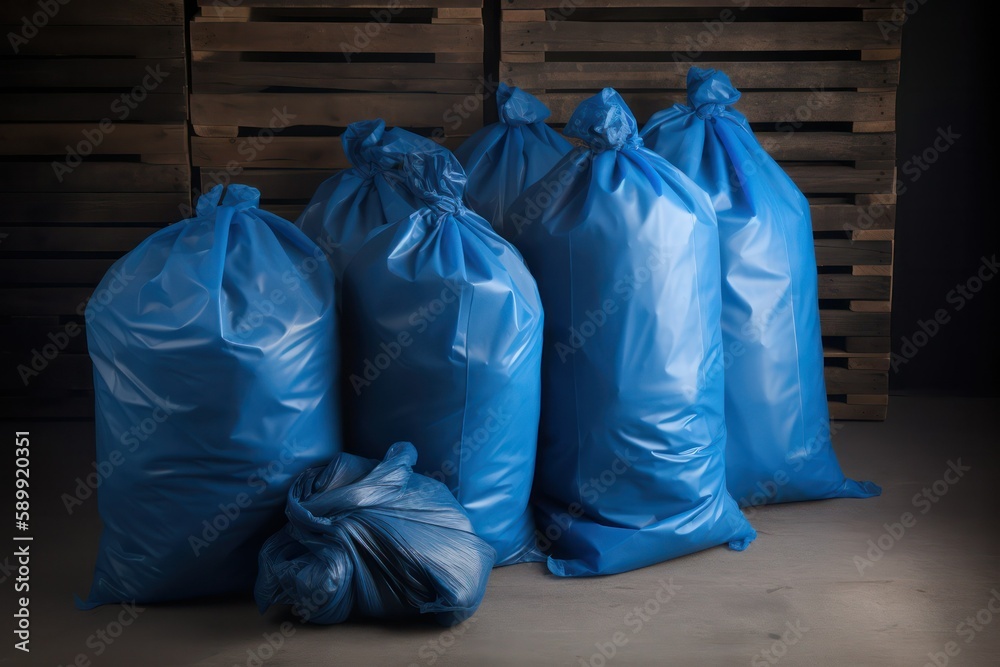 large blue garbage bags are in the factory in the shop. Generative AI large blue garbage bags are in the factory in the shop. Generative AI