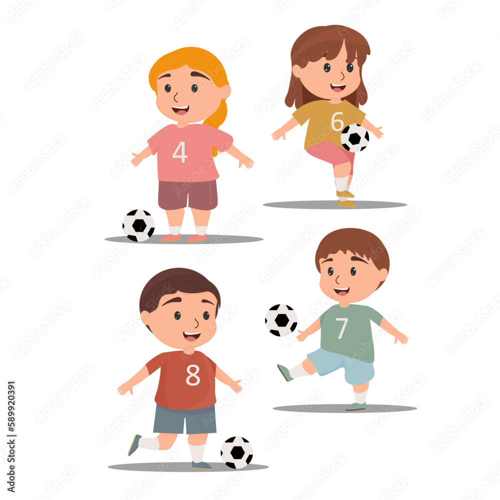 Vector illustration of a set of cute cartoon little girls kicking a football isolated on a white background. young Football players. Vector illustration of a set of cute cartoon little girls kicking a football isolated on a white background. young Football players.