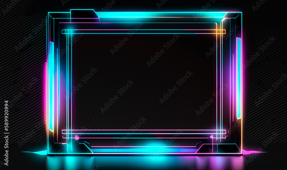 Cyber frame with neon polygons background. Glowing lines and glowing digital circuit with reflection stripes in 3d futuristic electro cyberpunk design Cyber frame with neon polygons background. Glowing lines and glowing digital circuit with reflection stripes in 3d futuristic electro cyberpunk design