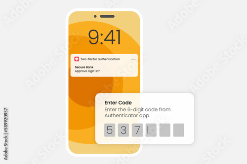 Flat design vector image of a smartphone displaying a 2-factor authenticator app with a 6-digit code for secure sign-in. Modern Mobile Phone User Interface Design Template. © Shinonome Studio