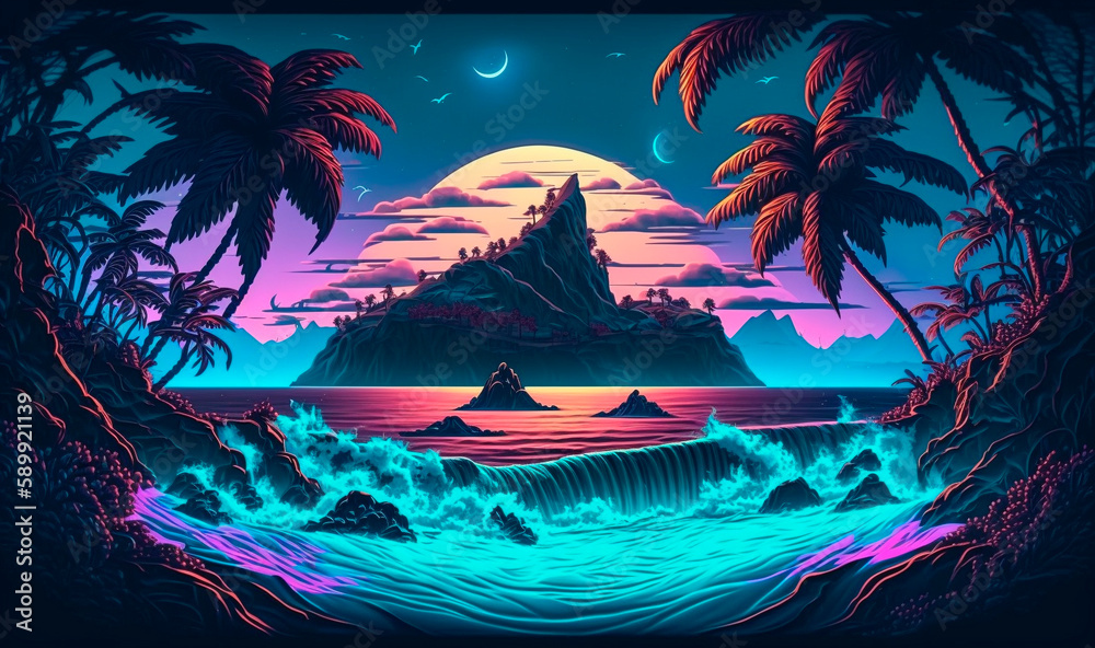 Tropical synthwave island with neon waves background. Colorful 3d nighttime vaporwave landscape with setting sun and futuristic sea tide with red lit palm trees
