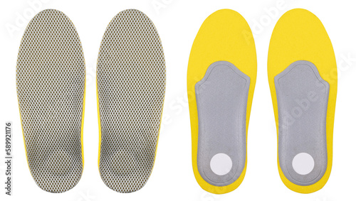 Yellow profiled shoe insoles seen from both sides