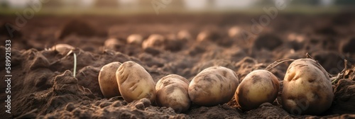 harvest of potato in the field, potato lie in rows in the farm field.Generative AI