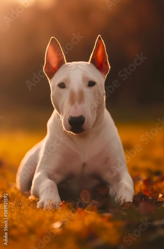 Bull terrier is lying on the grass in the park. Generative AI.