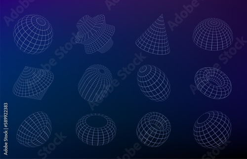 Grid geometric figures. Wirefram shapes indifferent sizes and styles, lowpoly solid unique polygonal figures. Vector set