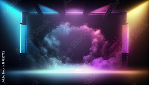 Neon empty stage with smoke and spot light. stage background Ai generated image