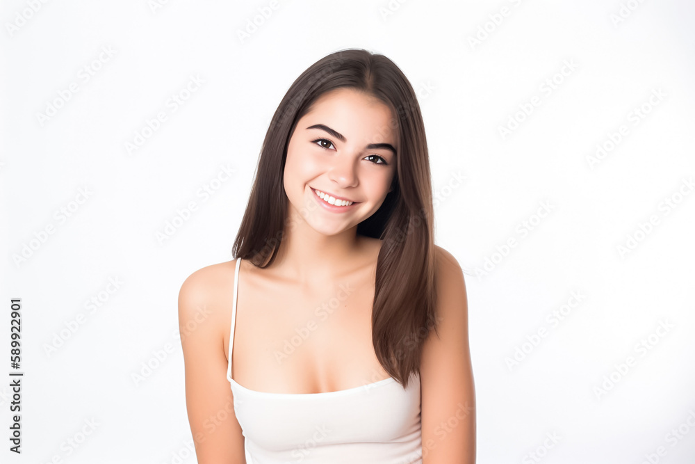 Portrait of Beautiful AMERICAN EUROPEAN Woman with her Smooth skin look at camera on White background in Studio light. generative AI. Portrait of Beautiful AMERICAN EUROPEAN Woman with her Smooth skin look at camera on White background in Studio light. generative AI.