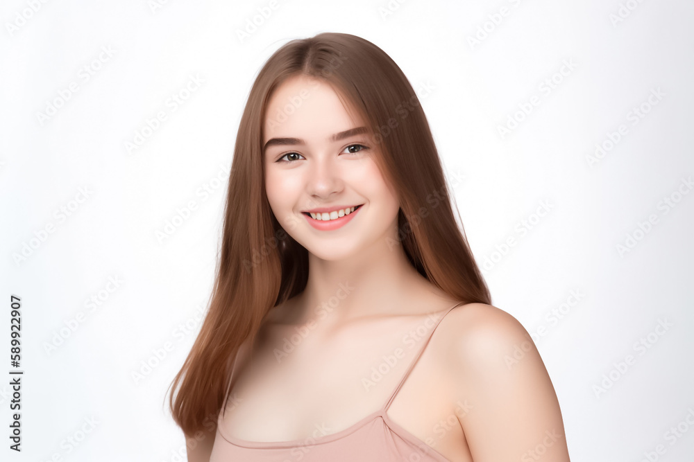 Portrait of Beautiful AMERICAN EUROPEAN Woman with her Smooth skin look at camera on White background in Studio light. generative AI. Portrait of Beautiful AMERICAN EUROPEAN Woman with her Smooth skin look at camera on White background in Studio light. generative AI.