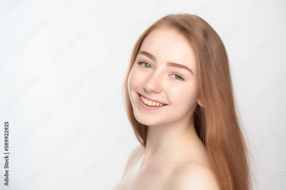 Portrait of Beautiful AMERICAN EUROPEAN Woman with her Smooth skin look at camera on White background in Studio light. generative AI. Portrait of Beautiful AMERICAN EUROPEAN Woman with her Smooth skin look at camera on White background in Studio light. generative AI.