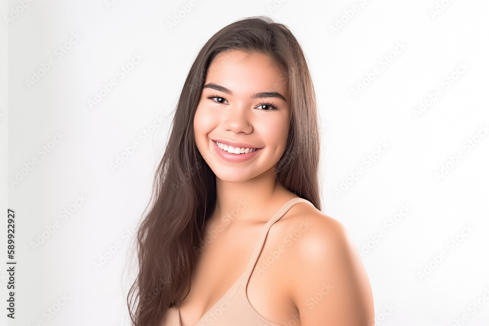 Portrait of Beautiful AMERICAN EUROPEAN Woman with her Smooth skin look at camera on White background in Studio light. generative AI. Portrait of Beautiful AMERICAN EUROPEAN Woman with her Smooth skin look at camera on White background in Studio light. generative AI.
