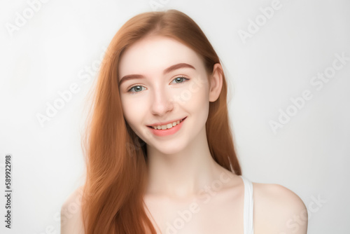 Portrait of Beautiful AMERICAN EUROPEAN Woman with her Smooth skin look at camera on White background in Studio light. generative AI.