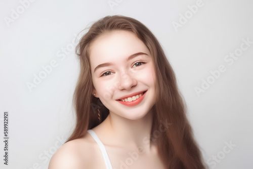 Portrait of Beautiful AMERICAN EUROPEAN Woman with her Smooth skin look at camera on White background in Studio light. generative AI.