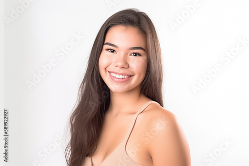 Portrait of Beautiful AMERICAN  EUROPEAN Woman with her Smooth skin look at camera on White background in Studio light. generative AI.