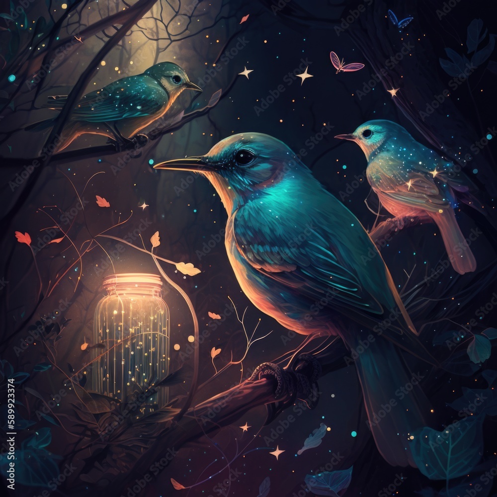 Enchanting Nighttime Forest Scene with Glowing Fireflies and Majestic Birds