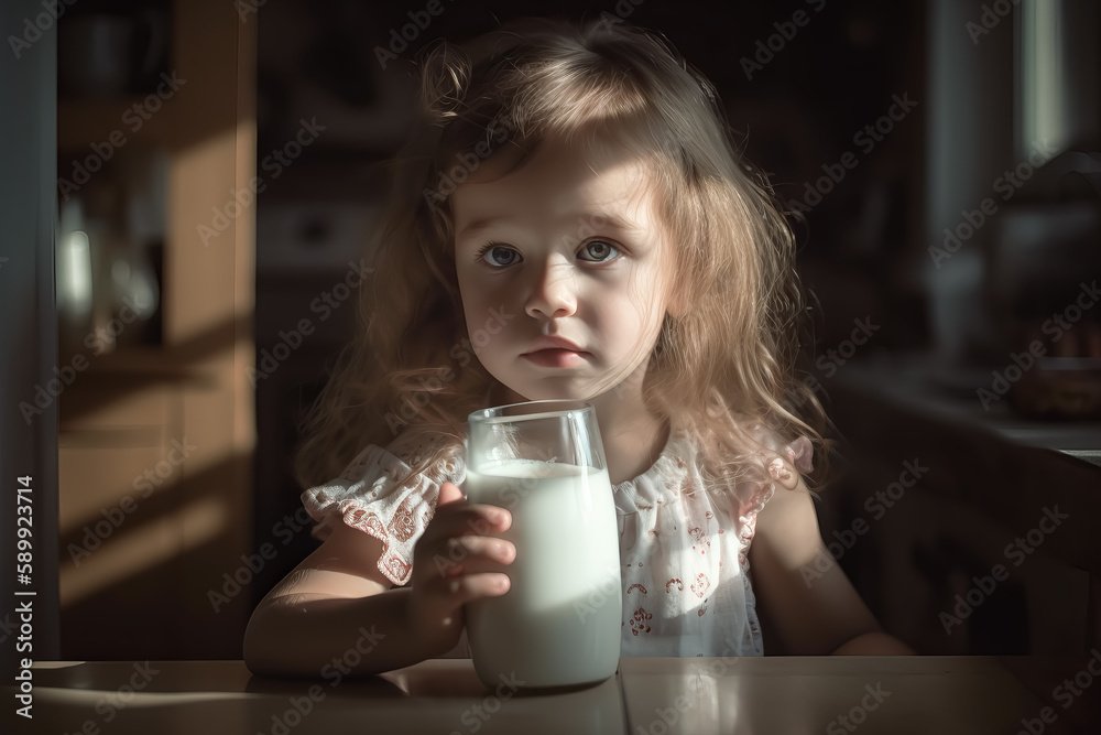 NIÑA BEBIENDO DE UN VASO DE LECHE PURA. ILUSTRACION. COLOR. IA GENERATIVA. HORIZONTAL NIÑA BEBIENDO DE UN VASO DE LECHE PURA. ILUSTRACION. COLOR. IA GENERATIVA. HORIZONTAL