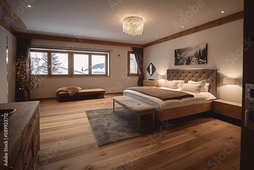 Modern contemporary loft bedroom   Luxurious large bedroom   Home interior  Scandinavian style bedroom mock up  3d rendering   Modern bedroom interior with concrete walls  Generative AI