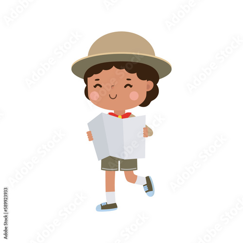 Cute little african american kid holding map, boy scout or girl scout honor uniform, kids summer camp, Happy children cartoon flat character isolated vector illustration on white background