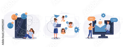 Email service concept set. Users correspond in chats, sending messages in apps. People isolated scenes in flat design. Vector illustration for blogging, website, mobile app, promotional materials