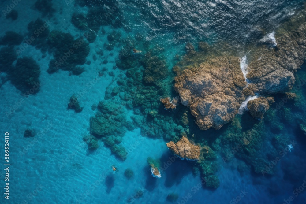 Top view of rocks on ocean background created with Generative AI
