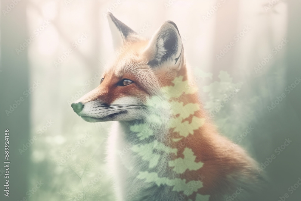 Fototapeta premium Fox in nature double exposure. Generative AI illustration