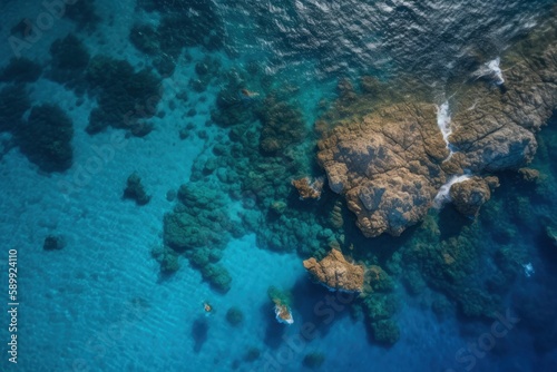 Top view of rocks on ocean background created with Generative AI