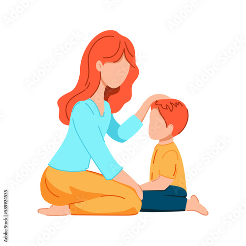 A young mother sits next to her young son and strokes his head. A kind illustration on the subject of parenting. A lonely family. Mother soothing her young child.  Flat, cartoon vector illustration. W