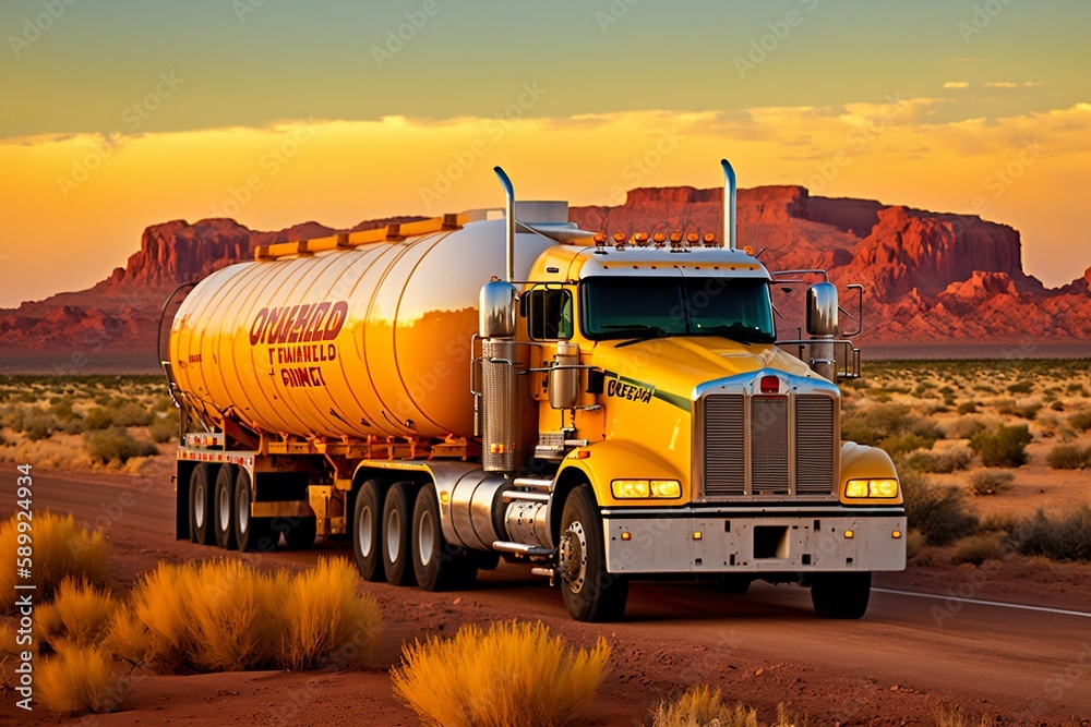 Tanker Truck Driving on a Desert Road in America