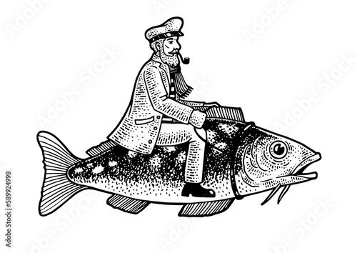 Photography Fisherman captain riding fish sketch PNG illustration with transparent backgroun