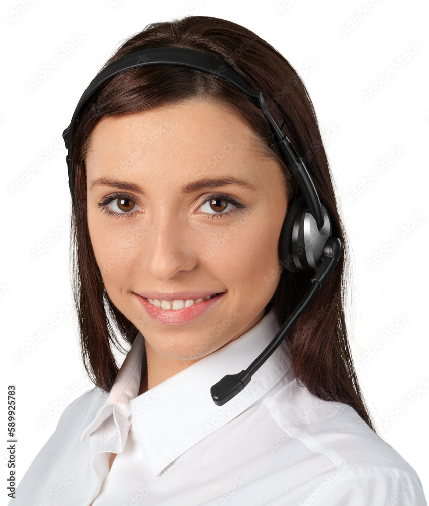 Young woman with headphones, call center or support concept Young woman with headphones, call center or support concept