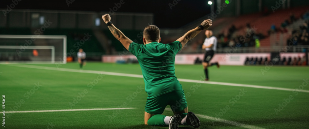 Football player in green football outfit drops to his knees with happiness after a win, Generative AI