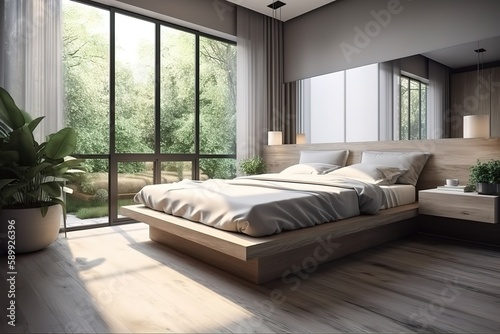 Modern contemporary loft bedroom   Luxurious large bedroom   Luxury double bedroom with golden furniture in royal interior   Luxurious bedroom with gilt double bed and bedside tables, Generative AI © interior