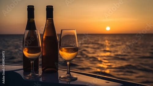 Romantic wine on yacht. Illustration AI Generative © olegganko