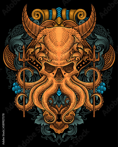 illustration demon octopus with two trident antique engraving ornament style good for your merchandise dan T shirt