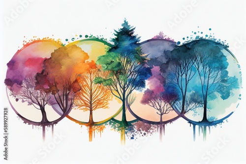 A Vibrant Oasis  A Circle of Colorful Trees Painted with Watercolor