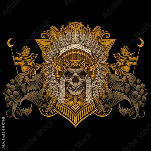 Illustration of indian apaches skull head with vintage engraving ornament in back perfect for your business and Merchandise photo