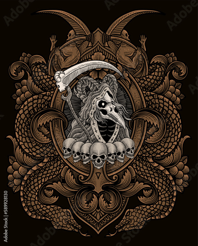 Illustration of scary grim reaper skull with vintage engraving ornament in back perfect for your business and Merchandise